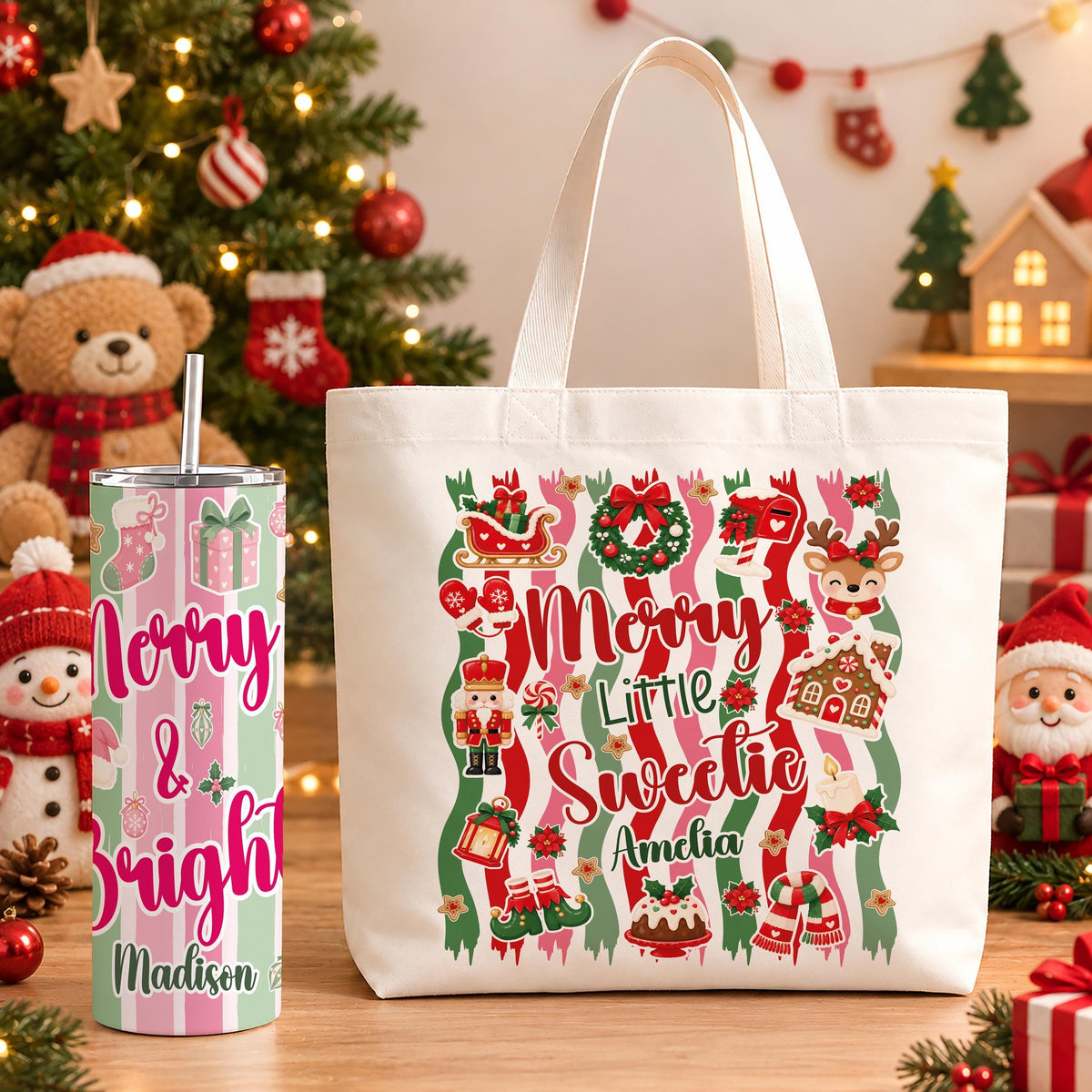 Custom Name Christmas Tote Bag & Tumbler Set, Merry and Bright Holiday Gift for Her