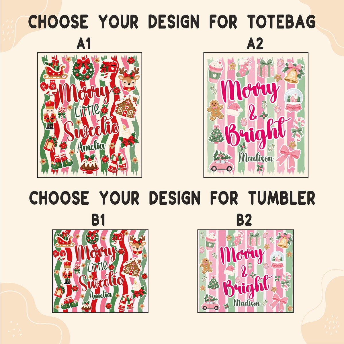 Custom Name Christmas Tote Bag & Tumbler Set, Merry and Bright Holiday Gift for Her