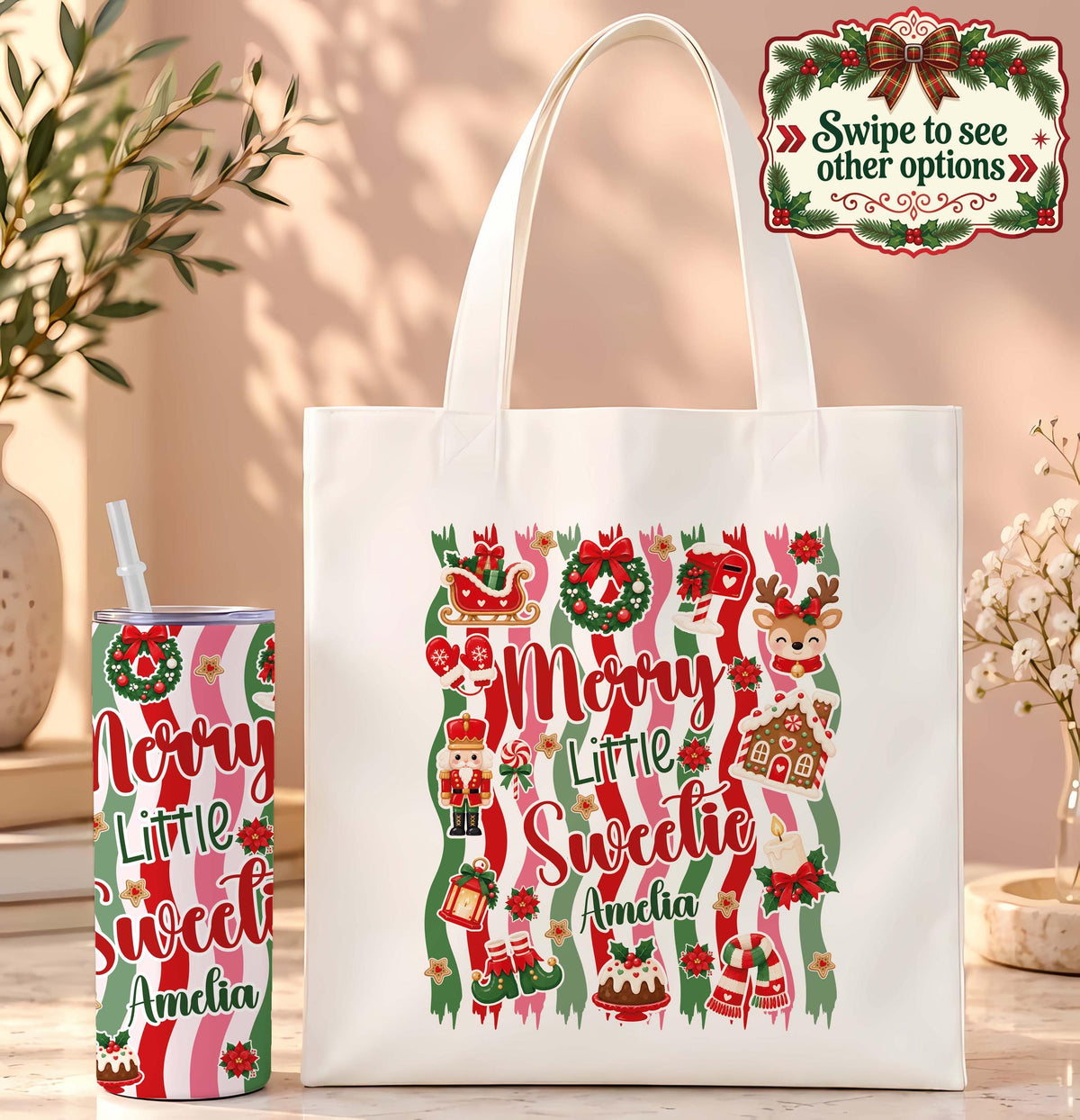 Custom Name Christmas Tote Bag & Tumbler Set, Merry and Bright Holiday Gift for Her