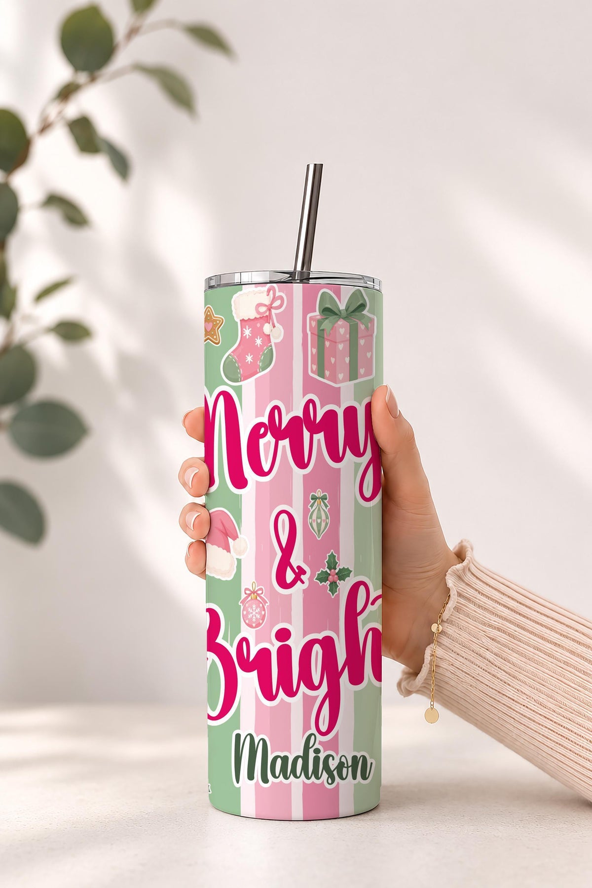 Custom Name Christmas Tote Bag & Tumbler Set, Merry and Bright Holiday Gift for Her