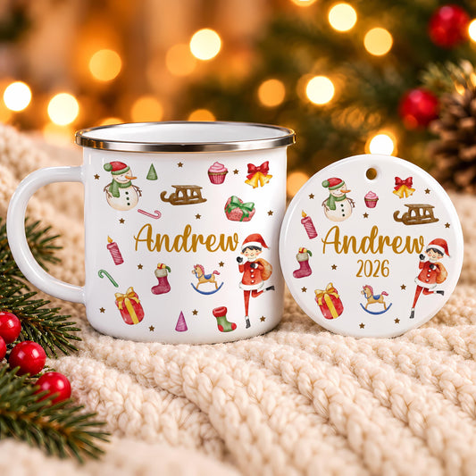 Personalized Christmas Enamel Mug and Ornament Set, Custom Name Kids Holiday Gift