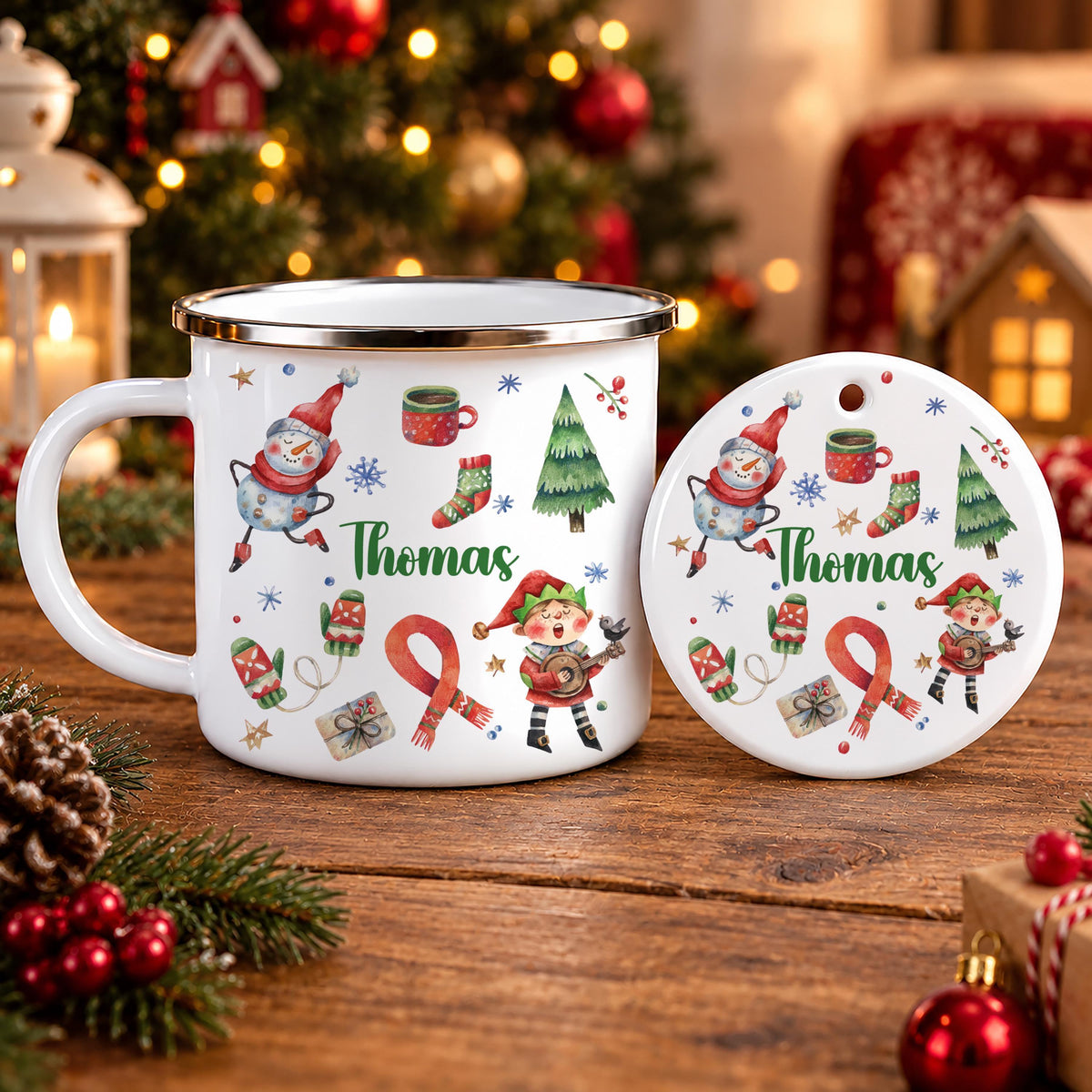 Custom Christmas Enamel Mug and Ornament Set, Personalized Kids Snowman and Elf Holiday Gift