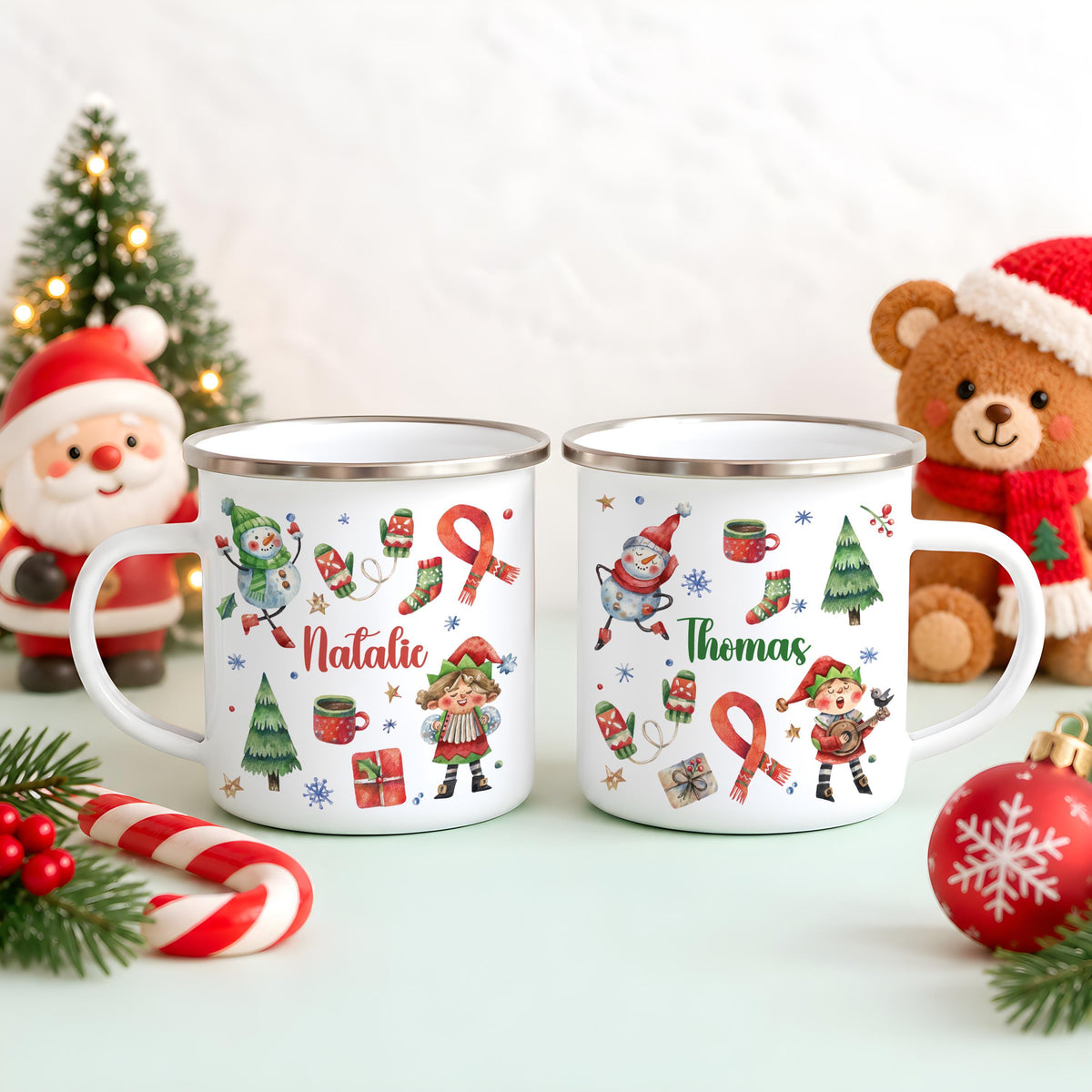 Custom Christmas Enamel Mug and Ornament Set, Personalized Kids Snowman and Elf Holiday Gift