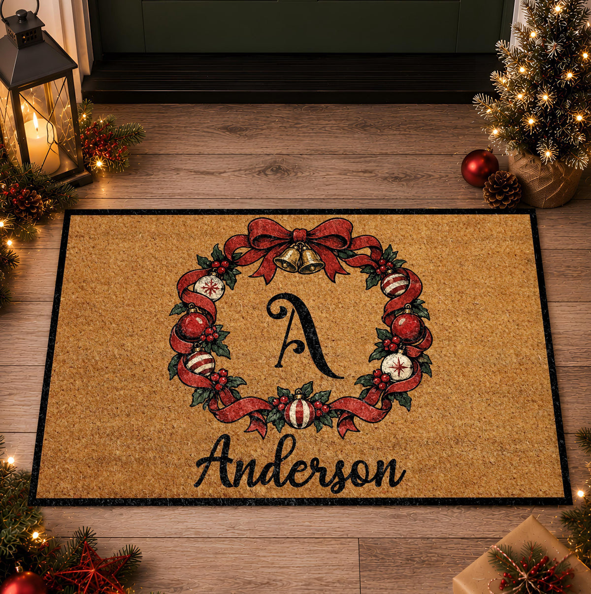 Personalized Christmas Wreath Doormat, Custom Monogram Family Name Holiday Mat