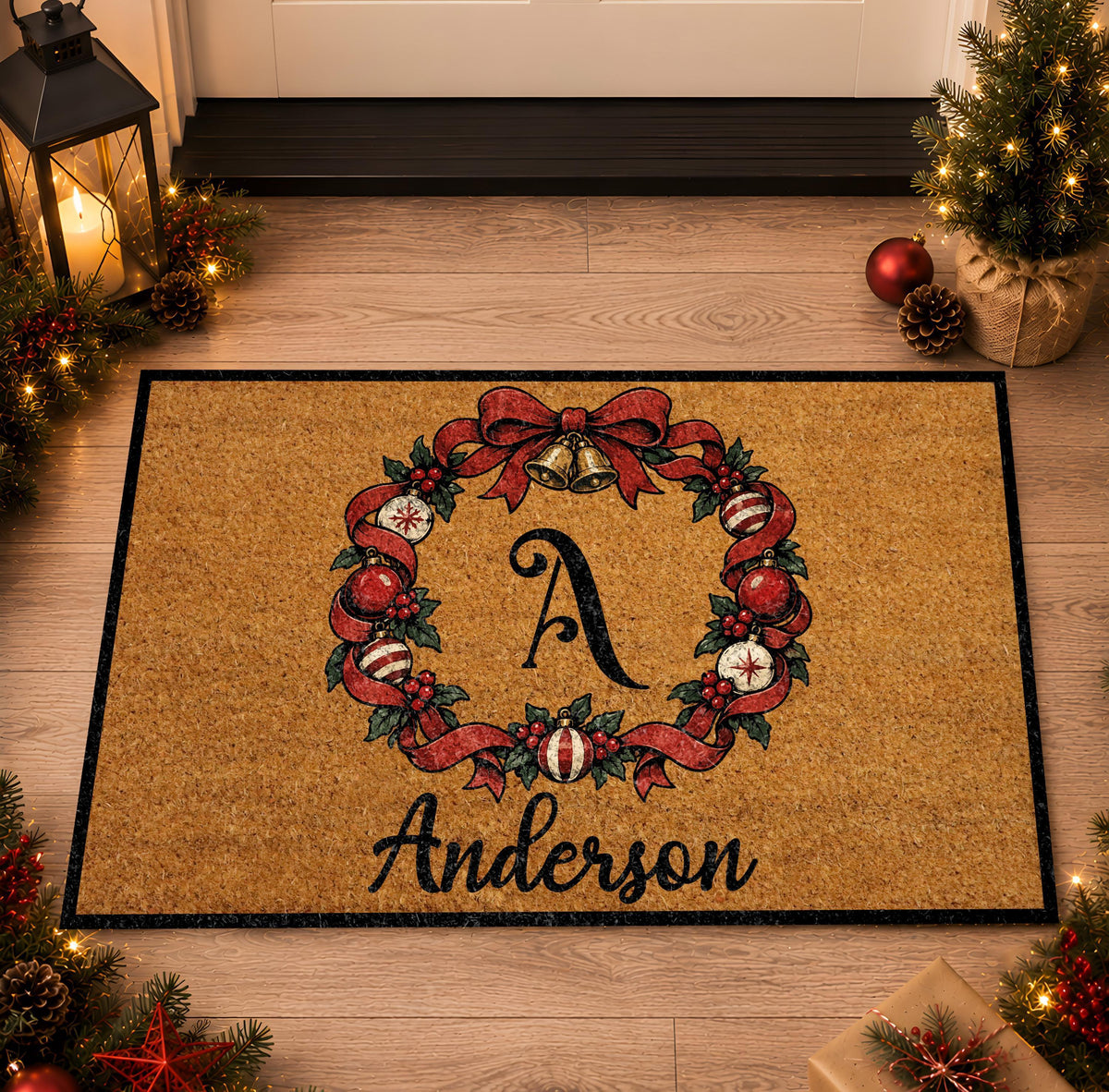 Personalized Christmas Wreath Doormat, Custom Monogram Family Name Holiday Mat