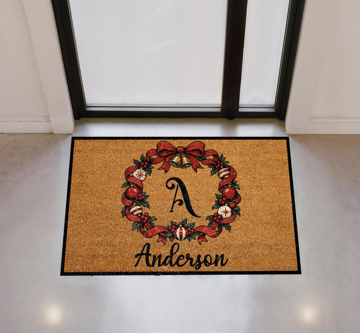 Personalized Christmas Wreath Doormat, Custom Monogram Family Name Holiday Mat