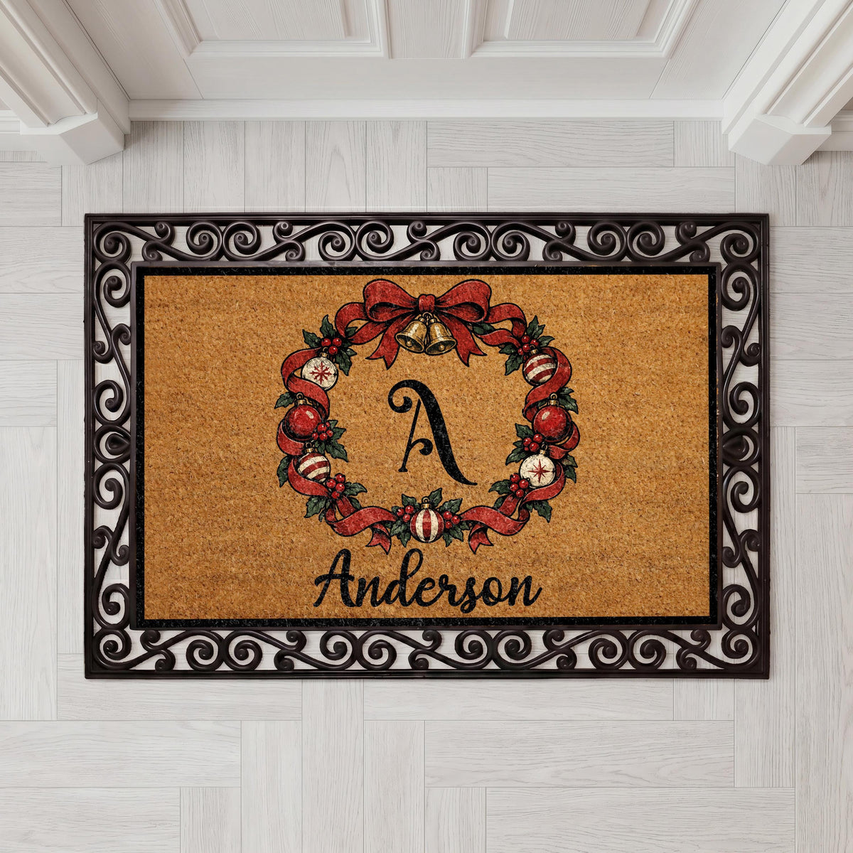 Personalized Christmas Wreath Doormat, Custom Monogram Family Name Holiday Mat