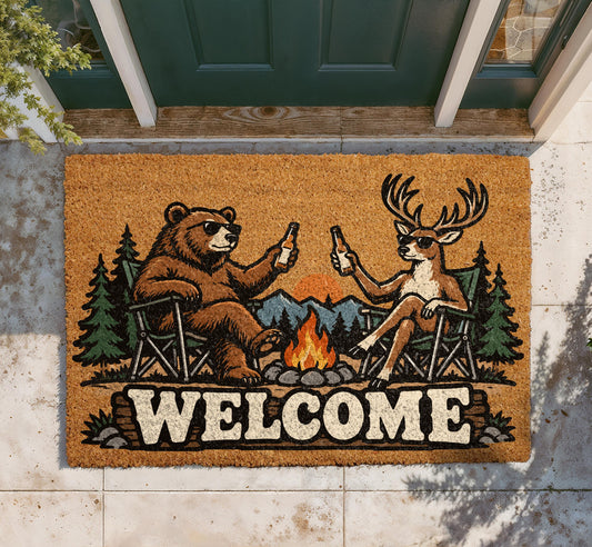 Funny Bear and Deer Doormat, Camping Cabin Welcome Mat