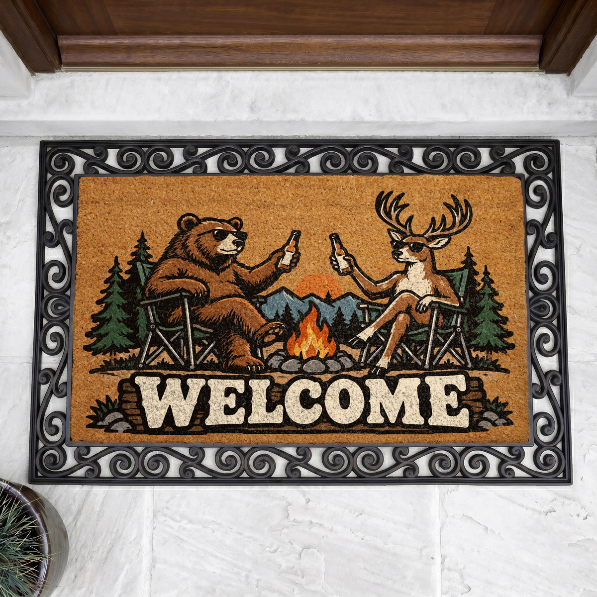 Funny Bear and Deer Doormat, Camping Cabin Welcome Mat