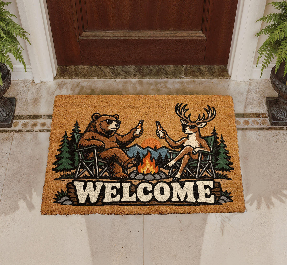 Funny Bear and Deer Doormat, Camping Cabin Welcome Mat
