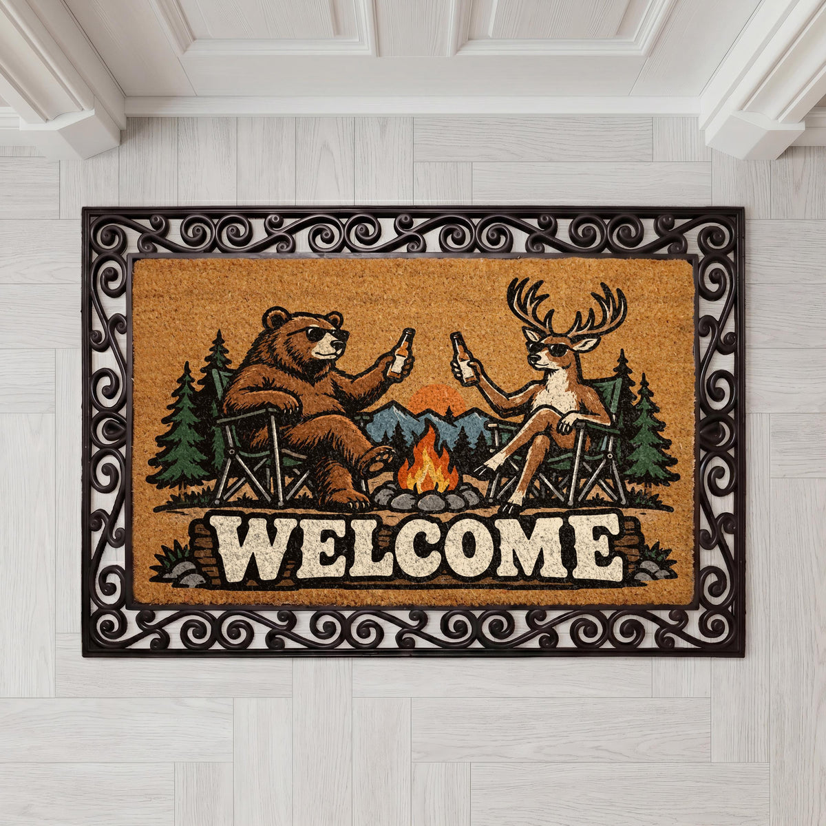 Funny Bear and Deer Doormat, Camping Cabin Welcome Mat