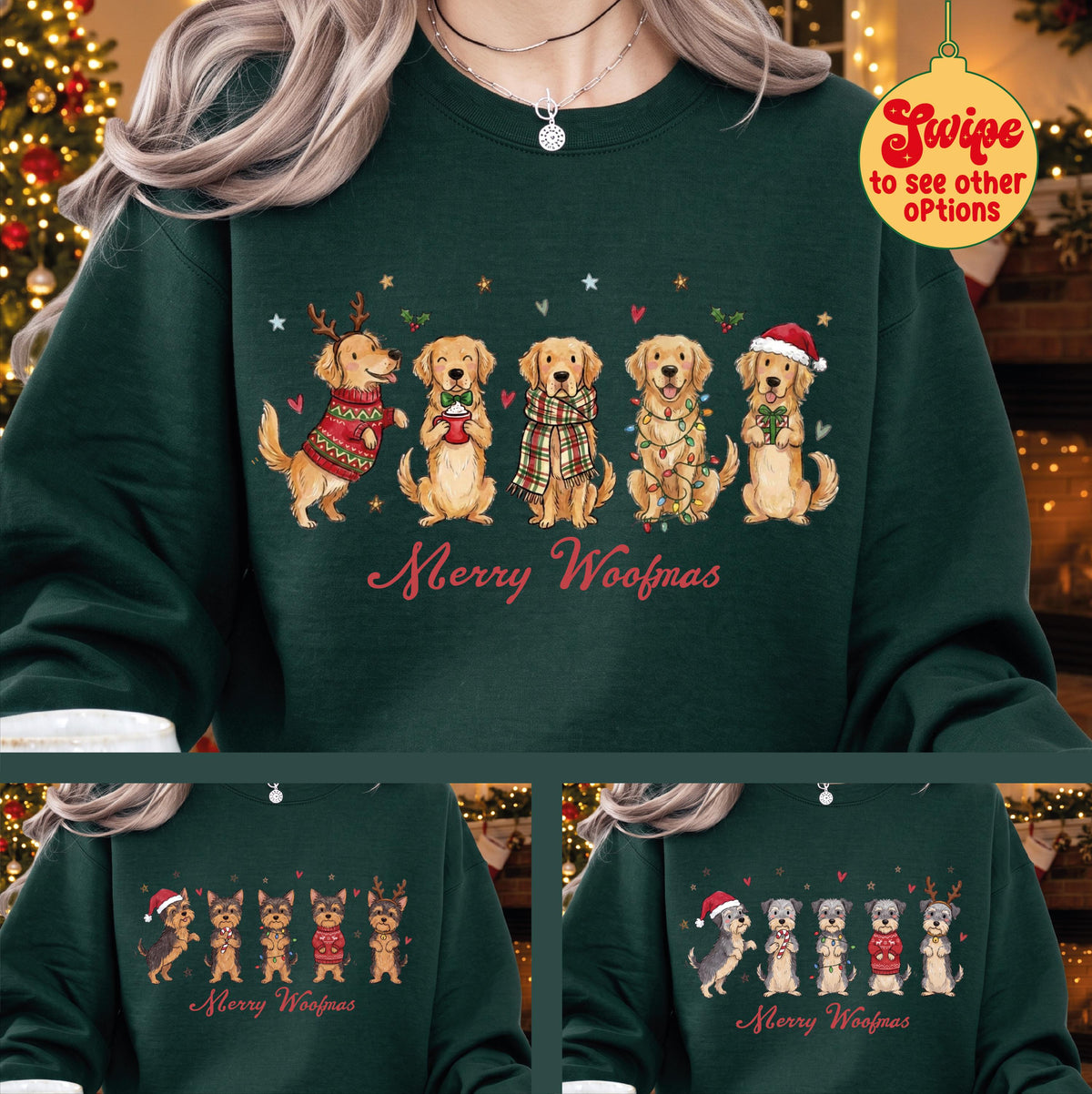 Merry Woofmas Dog Christmas Sweatshirt, Golden Retriever Yorkie Schnauzer Holiday Sweater