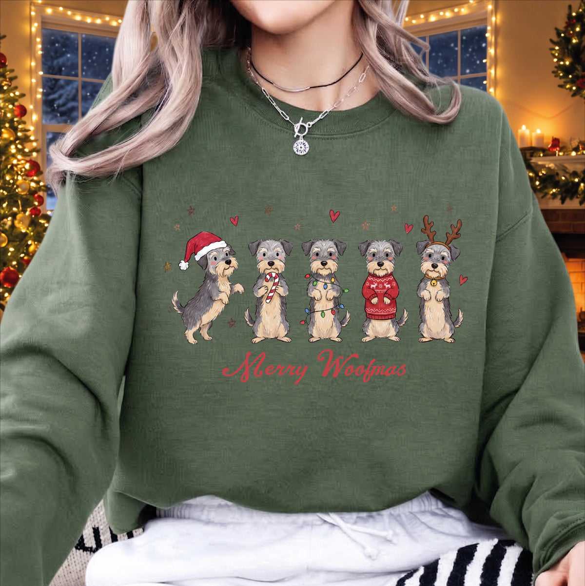 Merry Woofmas Dog Christmas Sweatshirt, Golden Retriever Yorkie Schnauzer Holiday Sweater