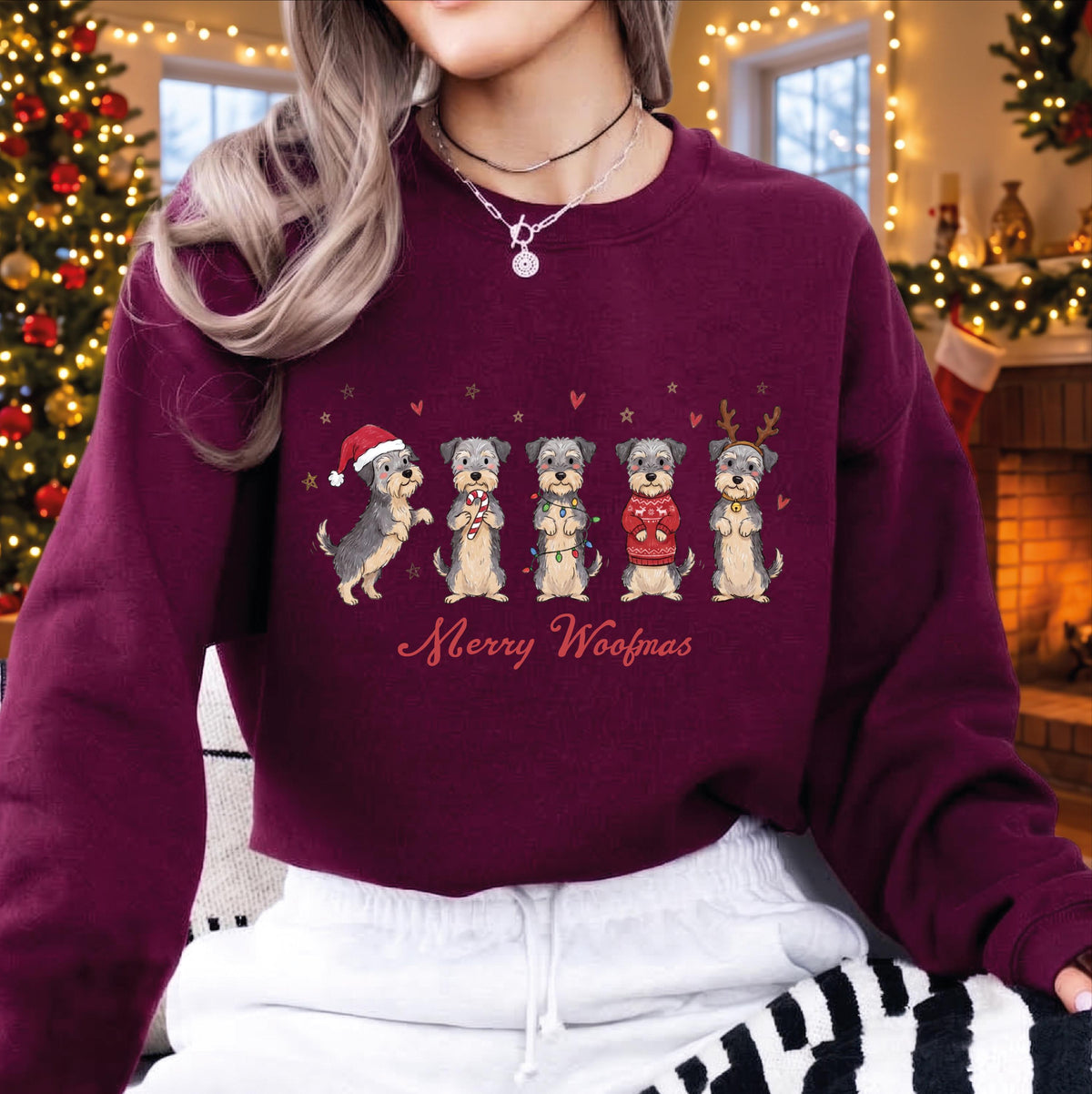 Merry Woofmas Dog Christmas Sweatshirt, Golden Retriever Yorkie Schnauzer Holiday Sweater