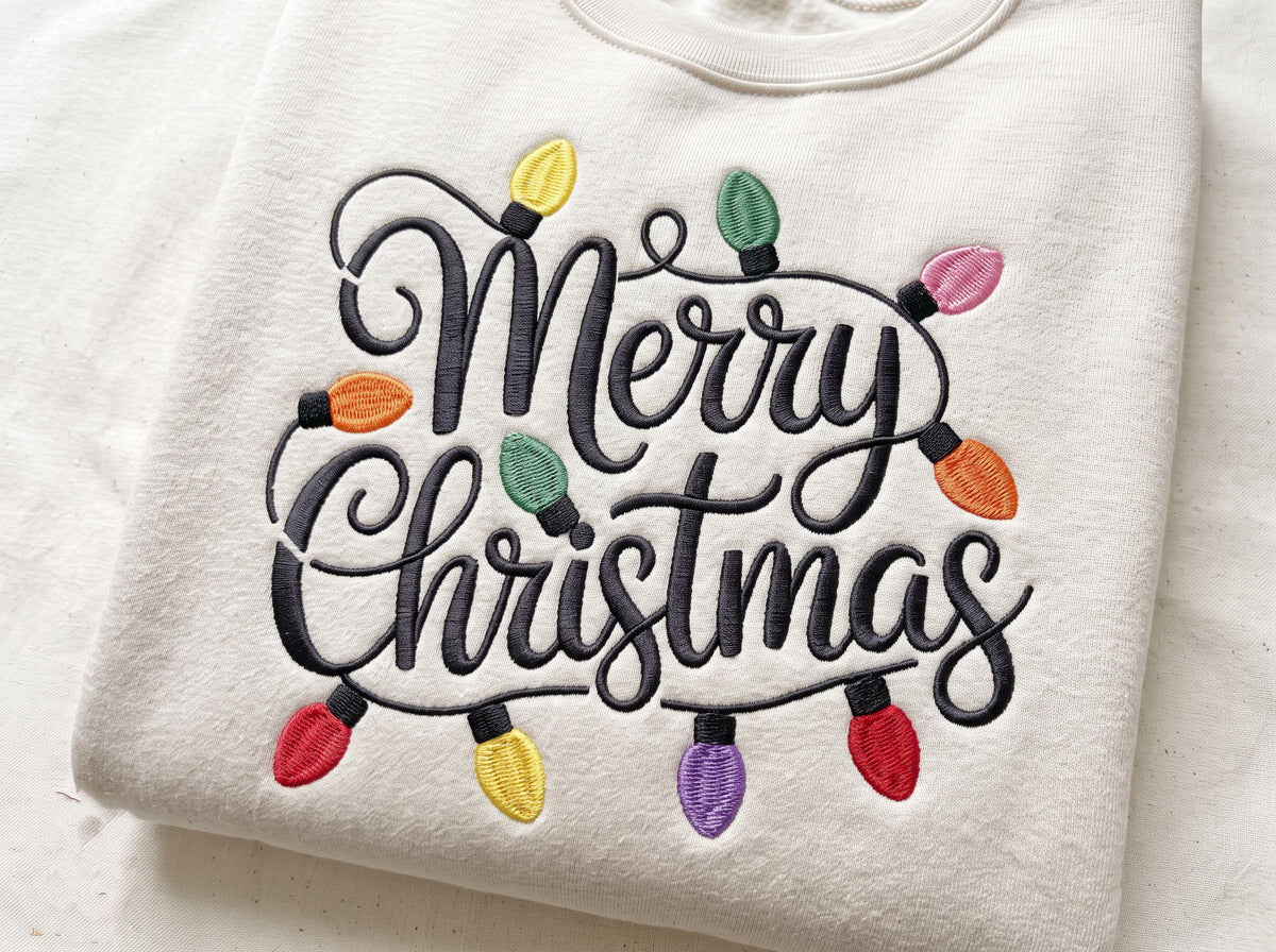 Embroidered Merry Christmas Lights Sweatshirt, Vintage Holiday Crewneck