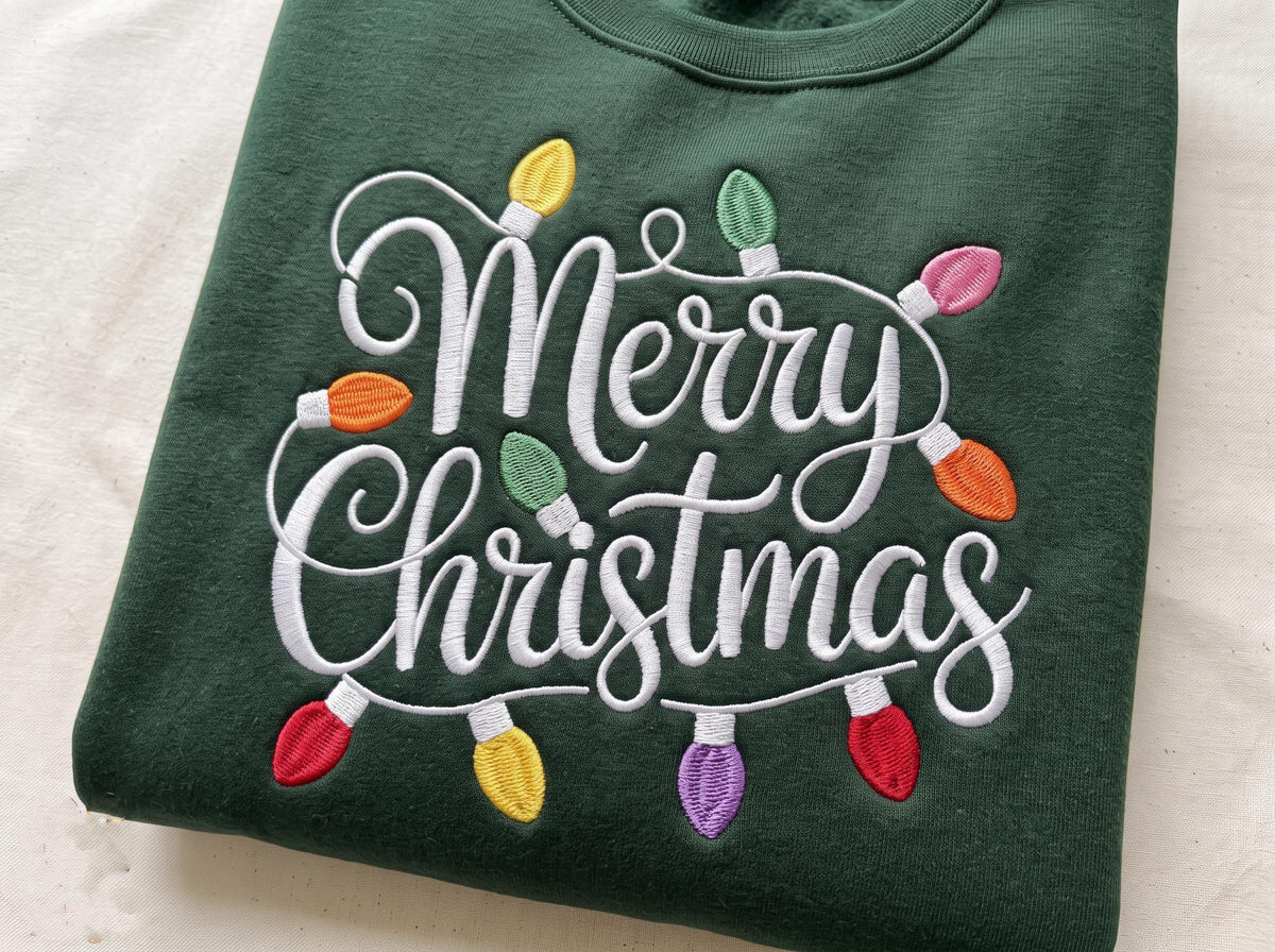 Embroidered Merry Christmas Lights Sweatshirt, Vintage Holiday Crewneck