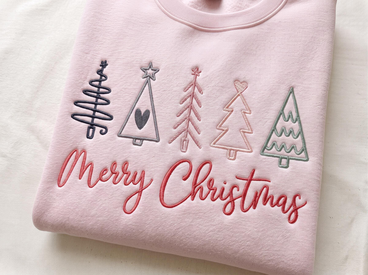 Embroidered Merry Christmas Sweatshirt, Boho Christmas Trees Holiday Crewneck