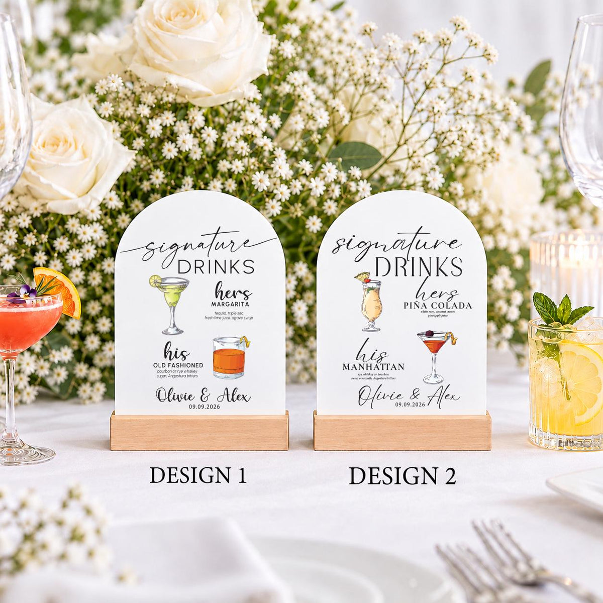 Personalized Signature Drinks Sign, Custom Acrylic His and Hers Wedding Bar Sign