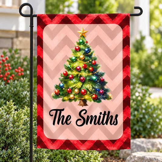 Personalized Christmas Garden Flag, Custom Family Name Red Chevron Tree and Poinsettia Yard Flag