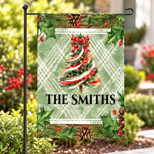 Personalized Christmas Garden Flag, Custom Family Name Ribbon Tree and Poinsettia Bouquet Flag