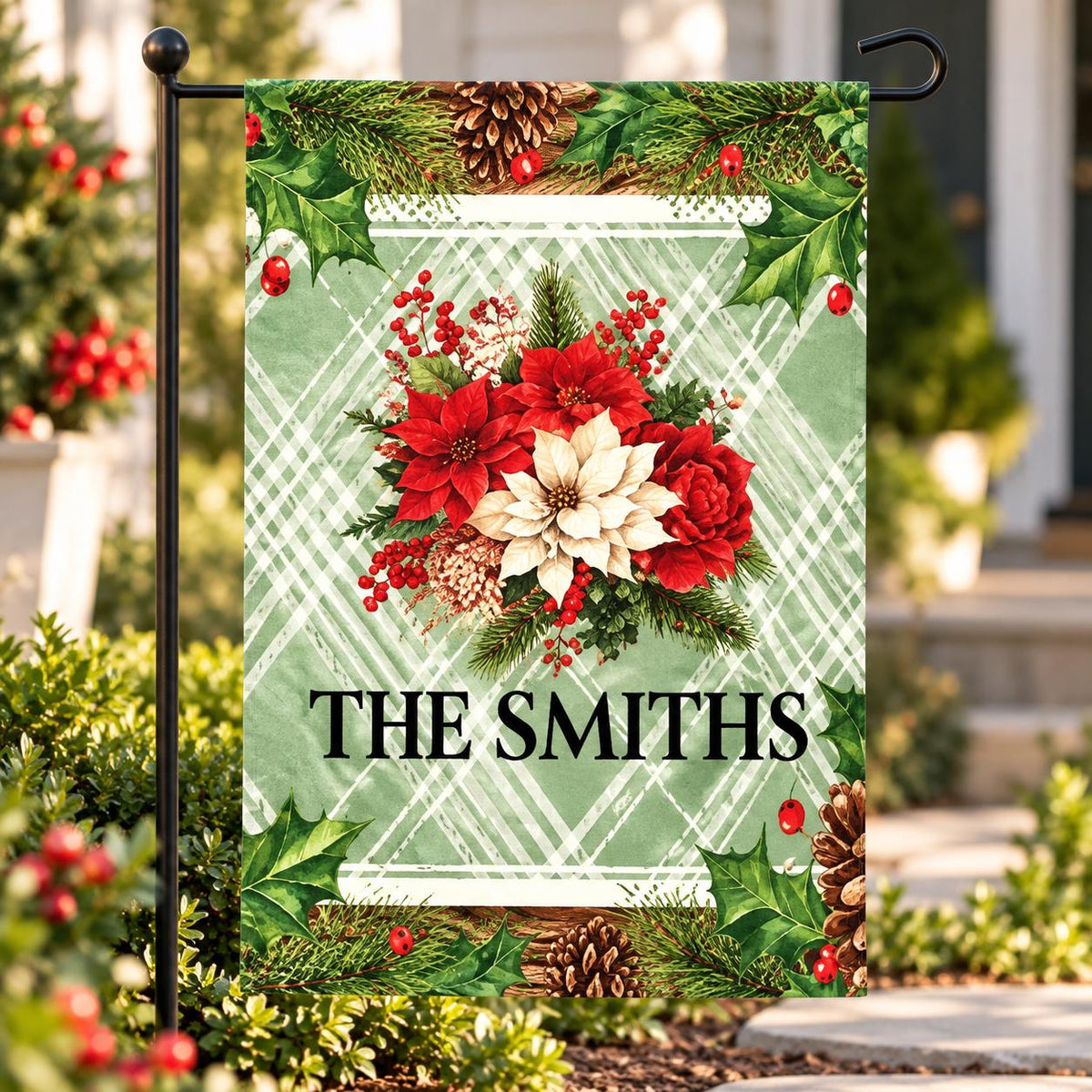 Personalized Christmas Garden Flag, Custom Family Name Ribbon Tree and Poinsettia Bouquet Flag