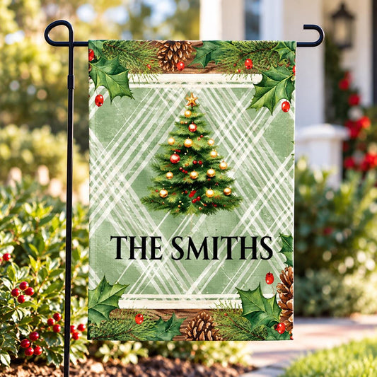 Personalized Christmas Garden Flag, Custom Family Name Green Plaid Tree and Poinsettia Yard Flag