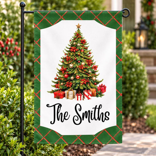 Personalized Christmas Garden Flag, Custom Family Name Green Lattice Tree and Ornament Yard Flag