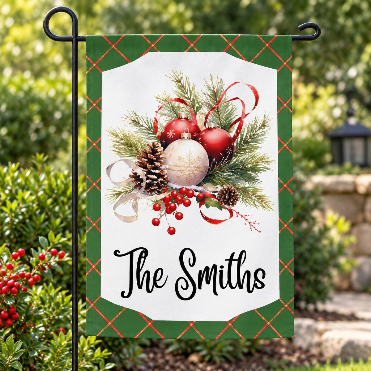 Personalized Christmas Garden Flag, Custom Family Name Green Lattice Tree and Ornament Yard Flag