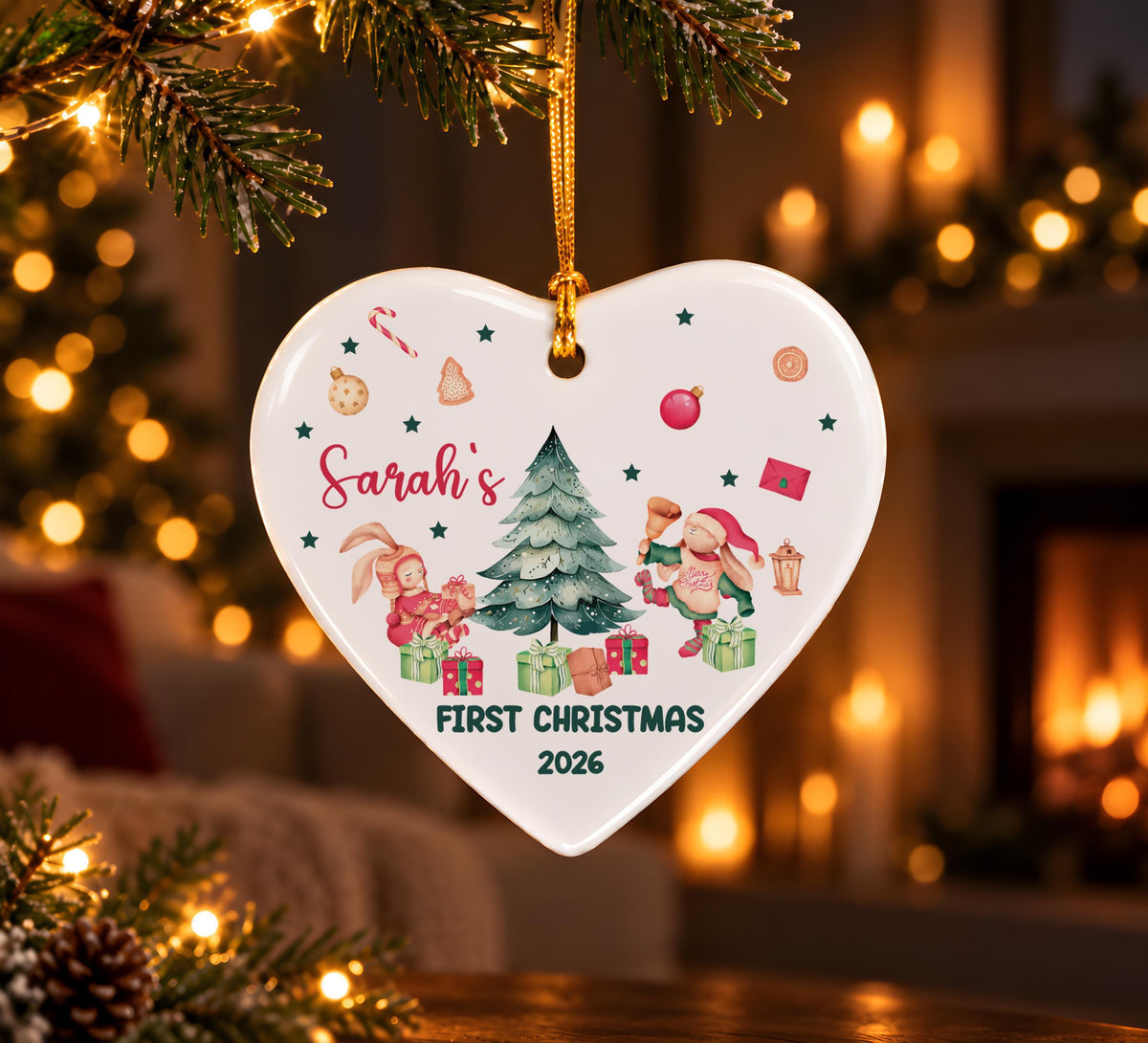 Custom Name Baby's First Christmas Heart Ornament, Personalized Ceramic New Baby Keepsake 2026
