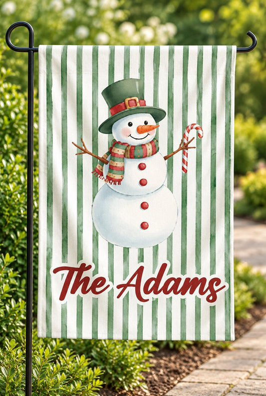 Personalized Christmas Garden Flag, Custom Family Name Green Stripe Snowman and Tree Yard Flag