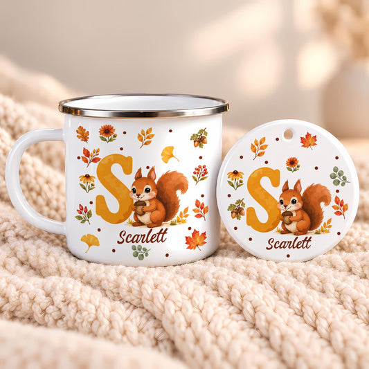 Personalized Fall Initial Kids Enamel Mug and Ornament Set, Woodland Animal Alphabet Name Gift