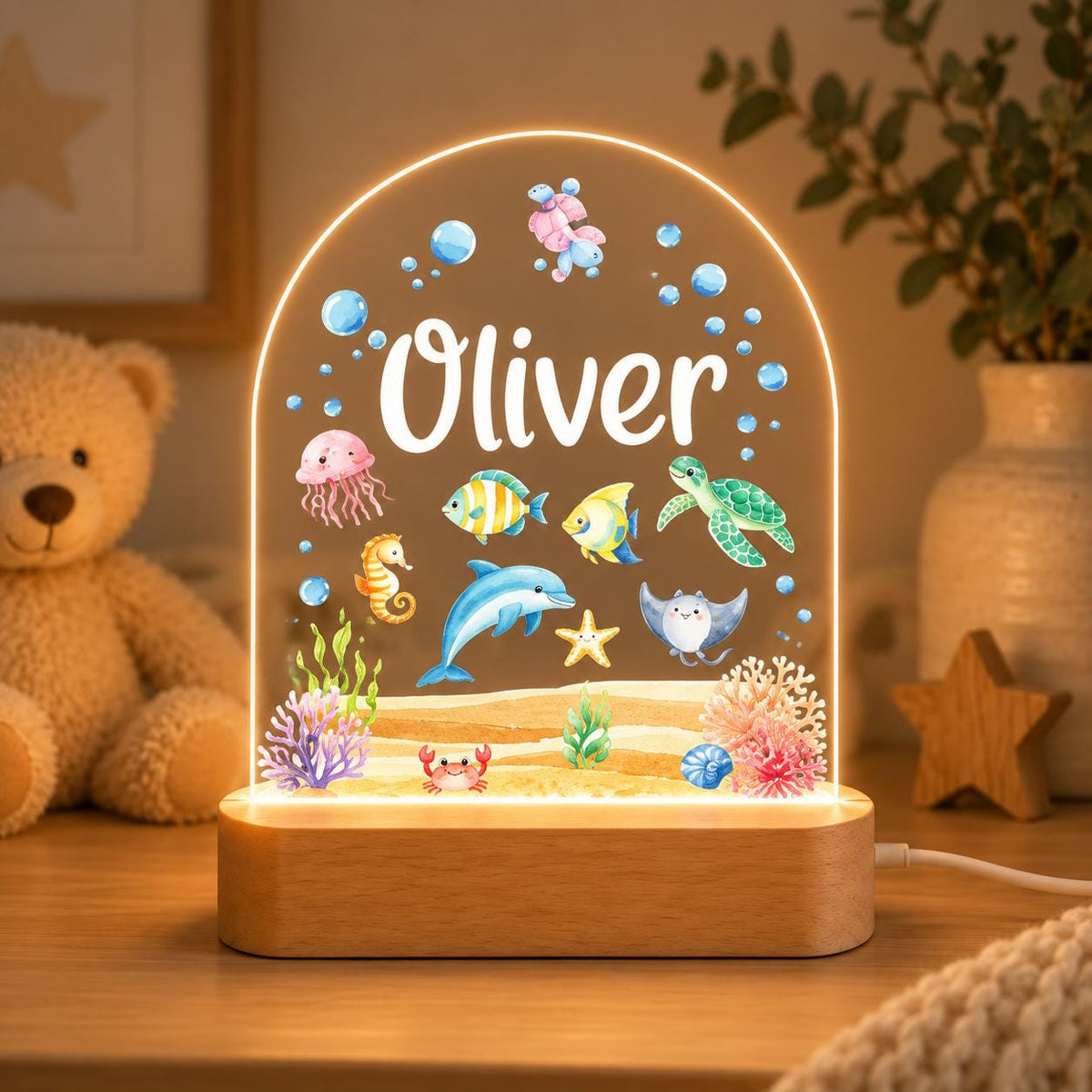 Personalized LED Animal Lamp, Woodland Fox and Bunny Kids Name Night Light