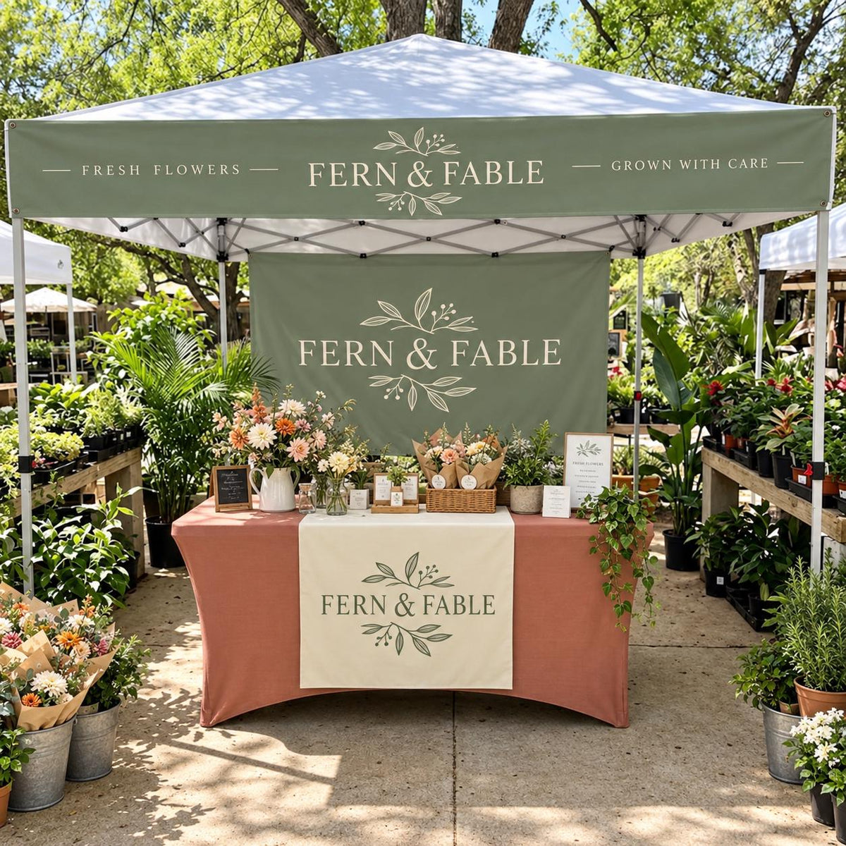 Custom Tent Canopy Banner Set, Small Business Backdrop, Table Runner and Valance Banner