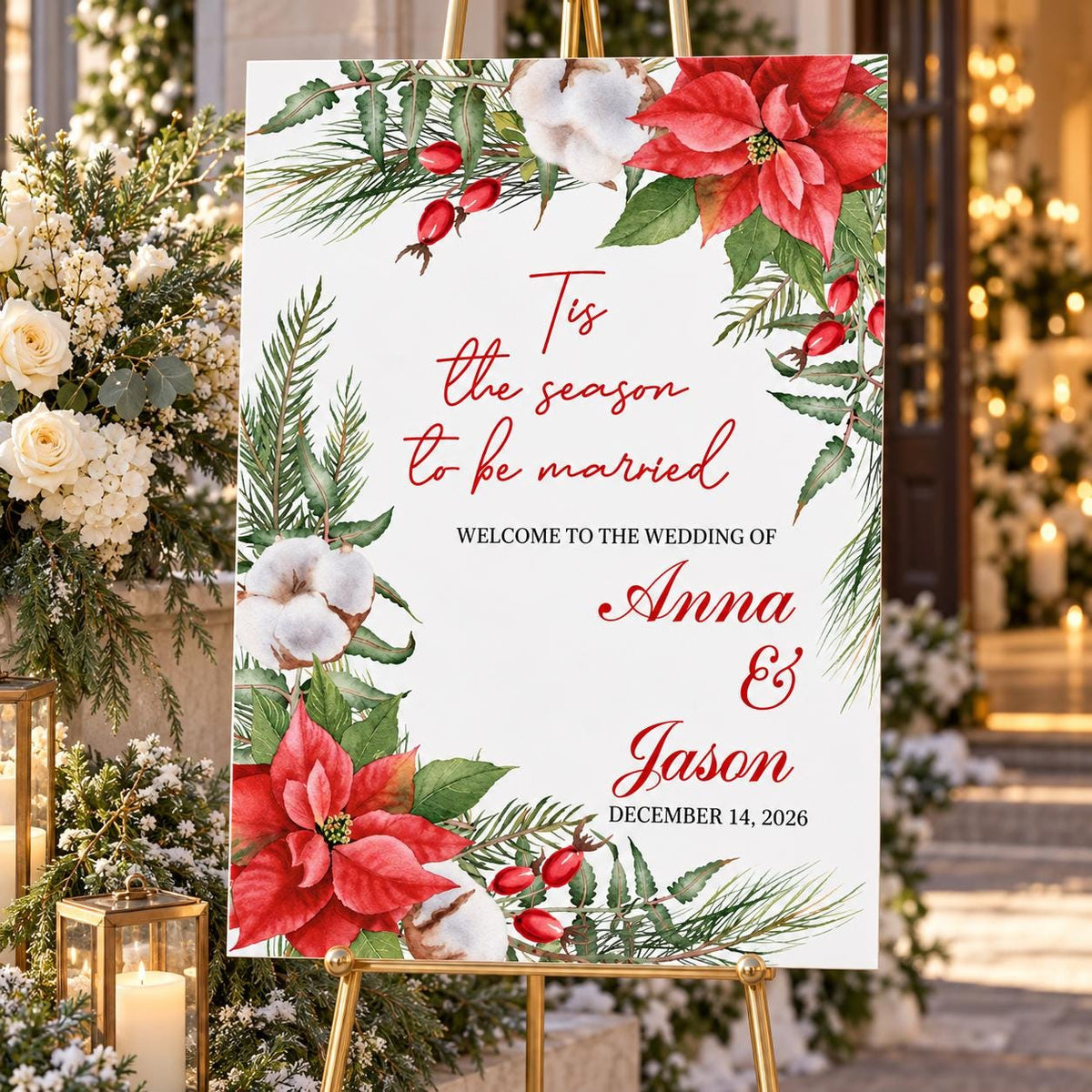 Tis the Season to Be Married Welcome Sign with Poinsettia and Cotton Florals, Christmas Wedding Acrylic Sign