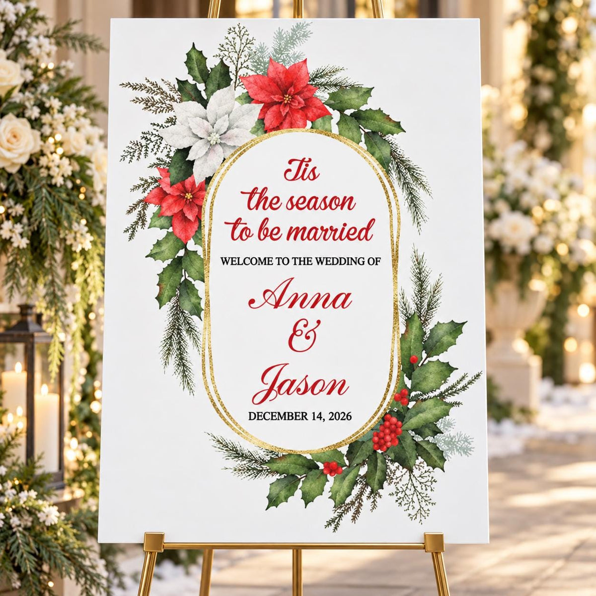 Tis the Season to Be Married Welcome Sign with Gold Oval Holly Frame, Christmas Wedding Acrylic Sign