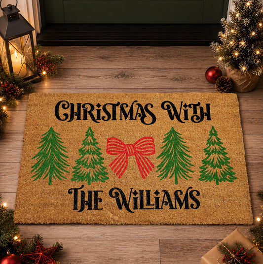 Personalized Christmas Family Doormat, Christmas Tree Winter Welcome Mat