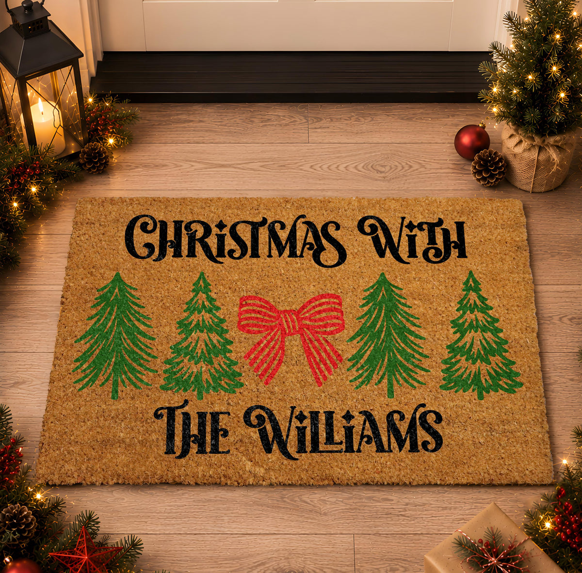 Personalized Christmas Family Doormat, Christmas Tree Winter Welcome Mat