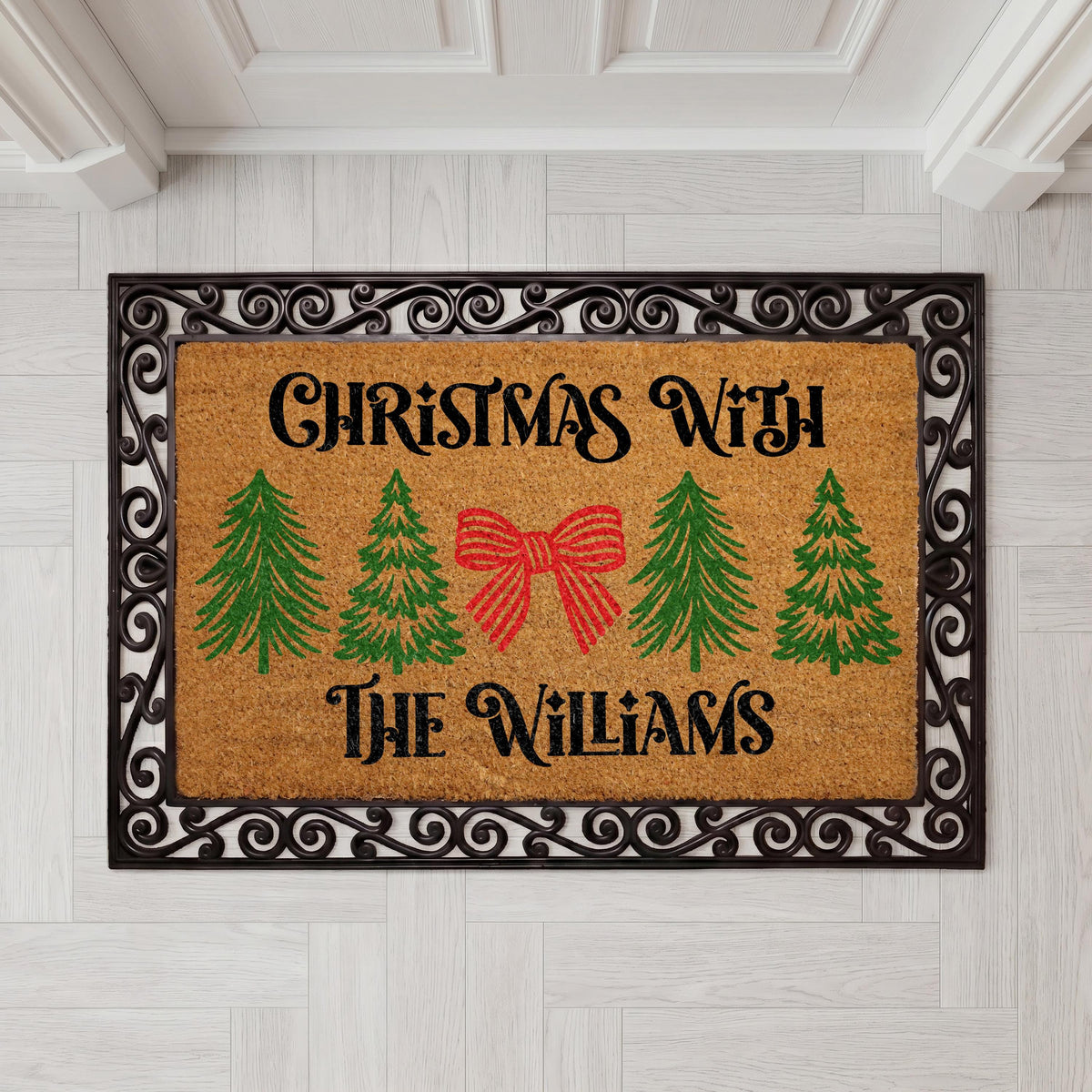 Personalized Christmas Family Doormat, Christmas Tree Winter Welcome Mat