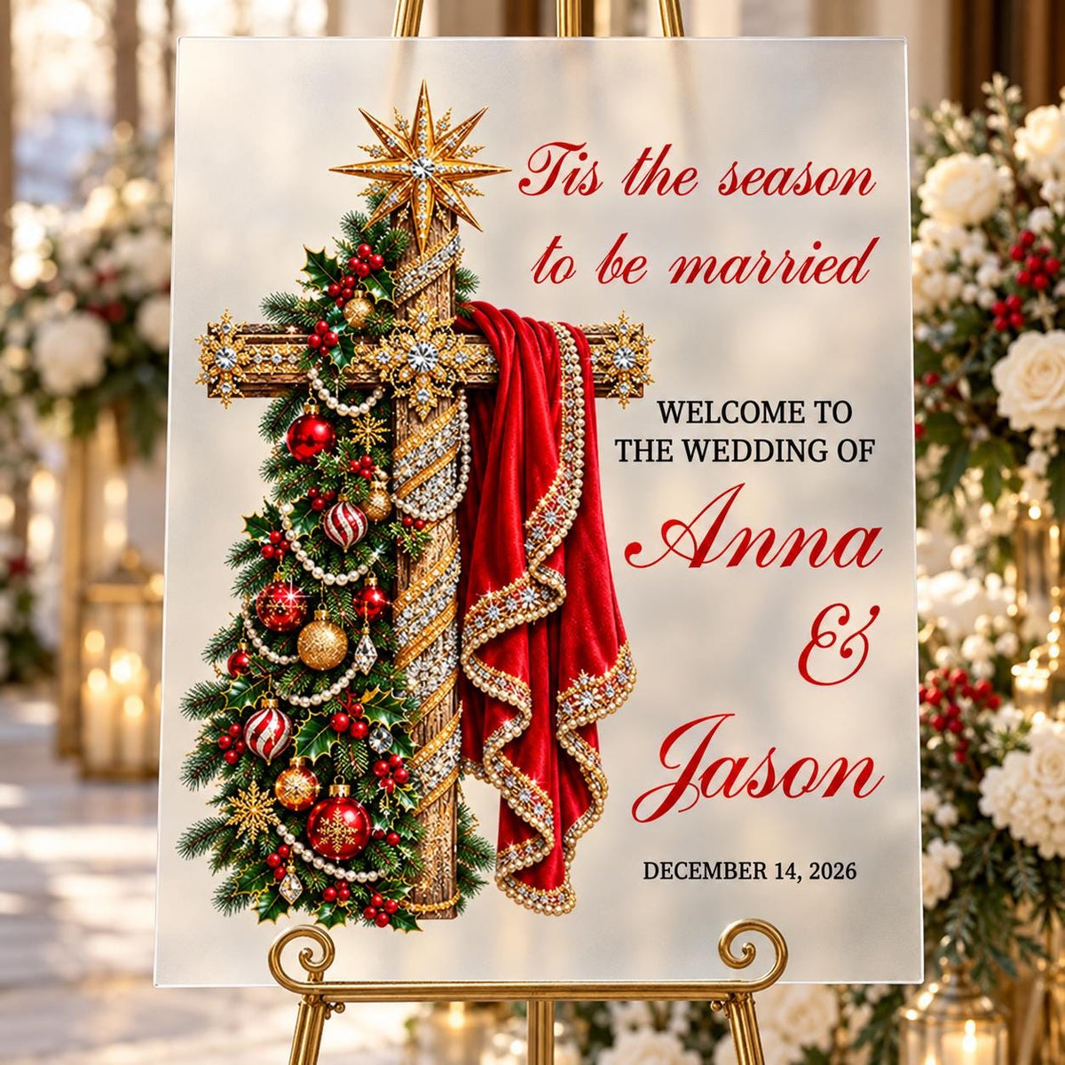 Tis the Season to Be Married Welcome Sign with Christmas Tree Cross, Christmas Wedding Acrylic Sign