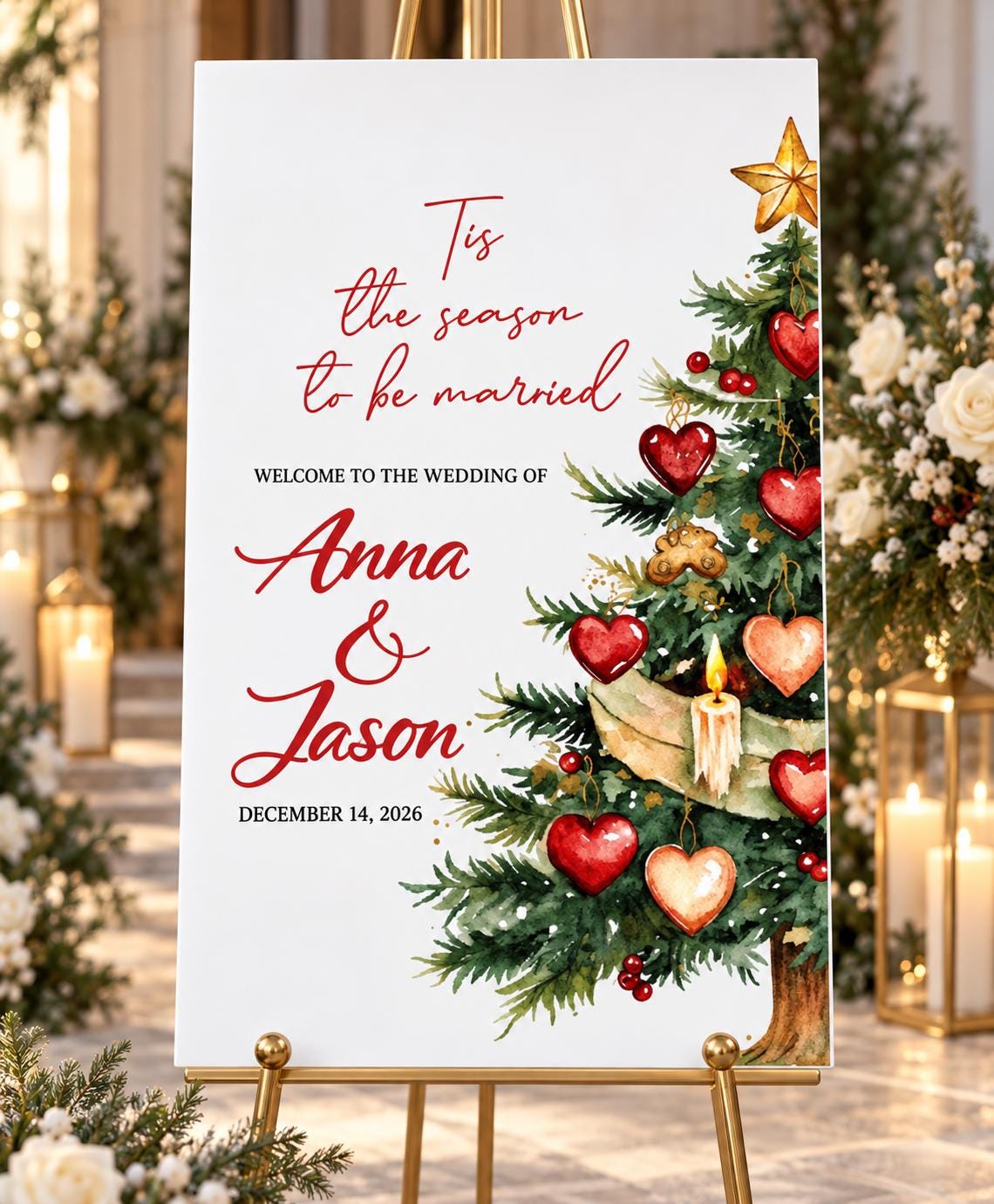 Tis the Season to Be Married Welcome Sign with Heart Ornament Tree, Christmas Wedding Acrylic Sign