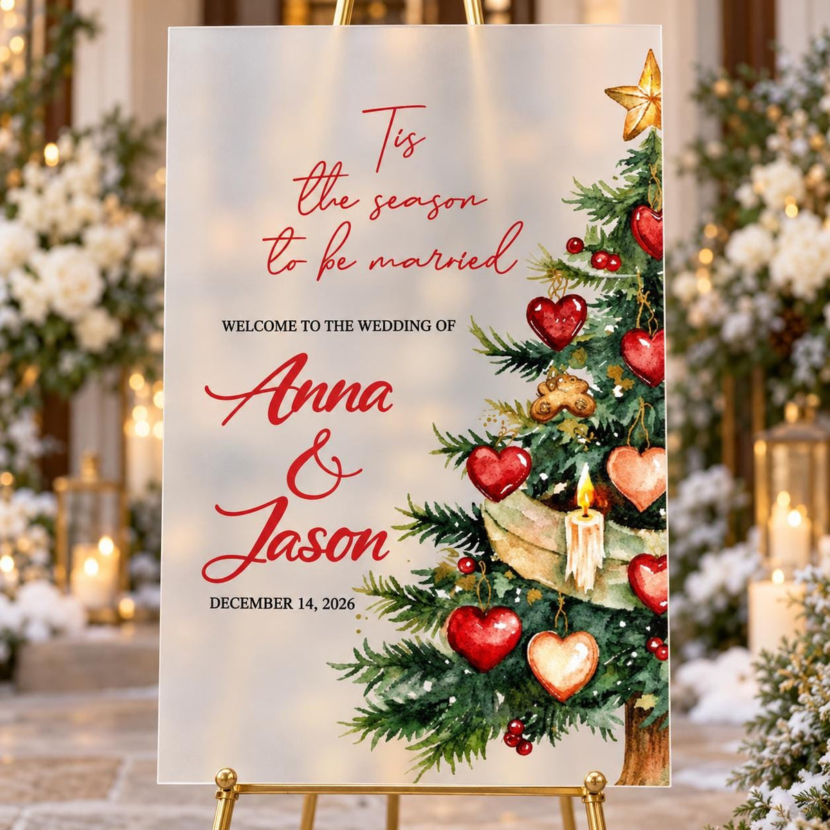 Tis the Season to Be Married Welcome Sign with Heart Ornament Tree, Christmas Wedding Acrylic Sign