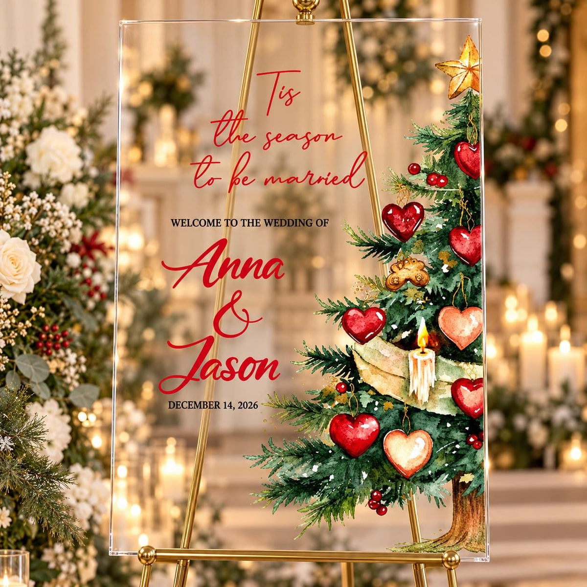 Tis the Season to Be Married Welcome Sign with Heart Ornament Tree, Christmas Wedding Acrylic Sign