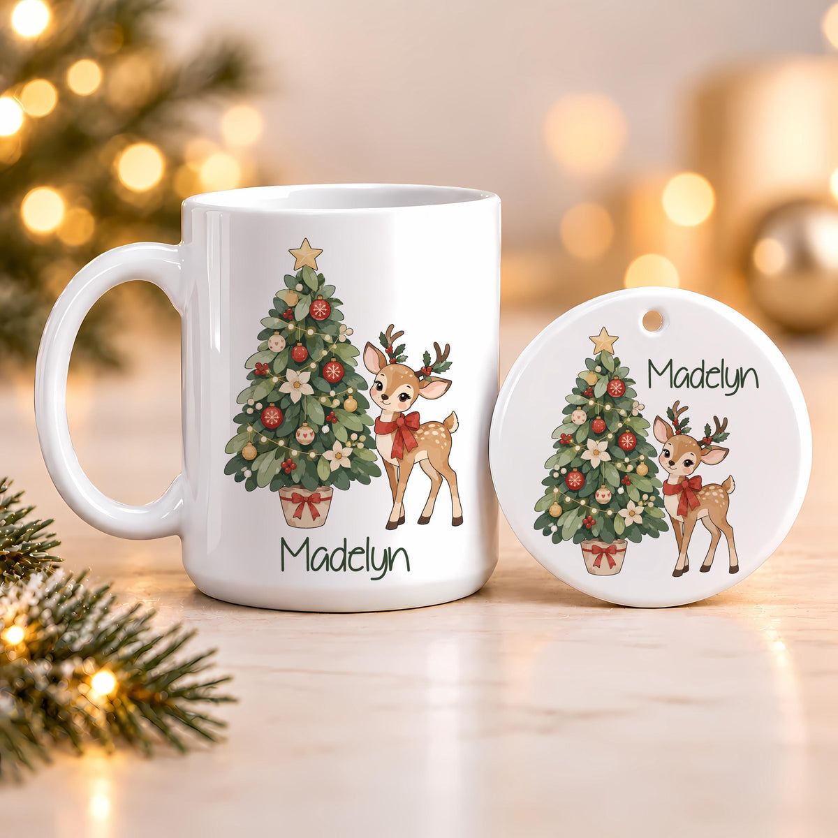 Custom Name Christmas Mug & Ornament Set, Reindeer and Tree Design