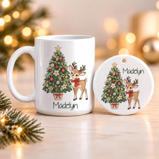 Custom Name Christmas Mug & Ornament Set, Reindeer and Tree Design