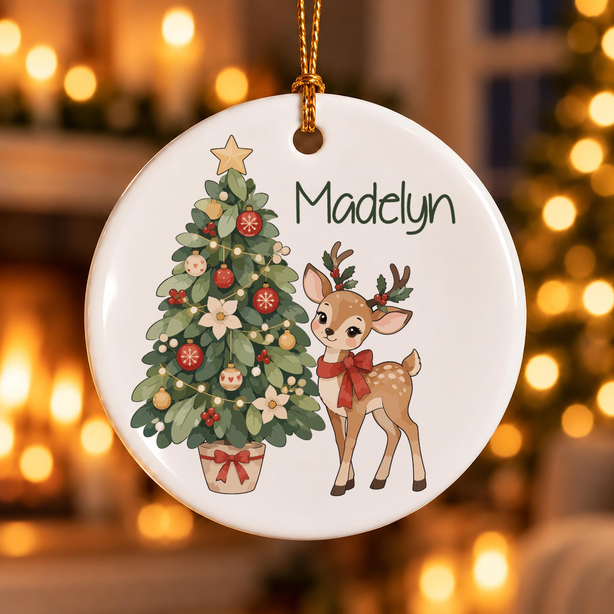 Custom Name Christmas Mug & Ornament Set, Reindeer and Tree Design