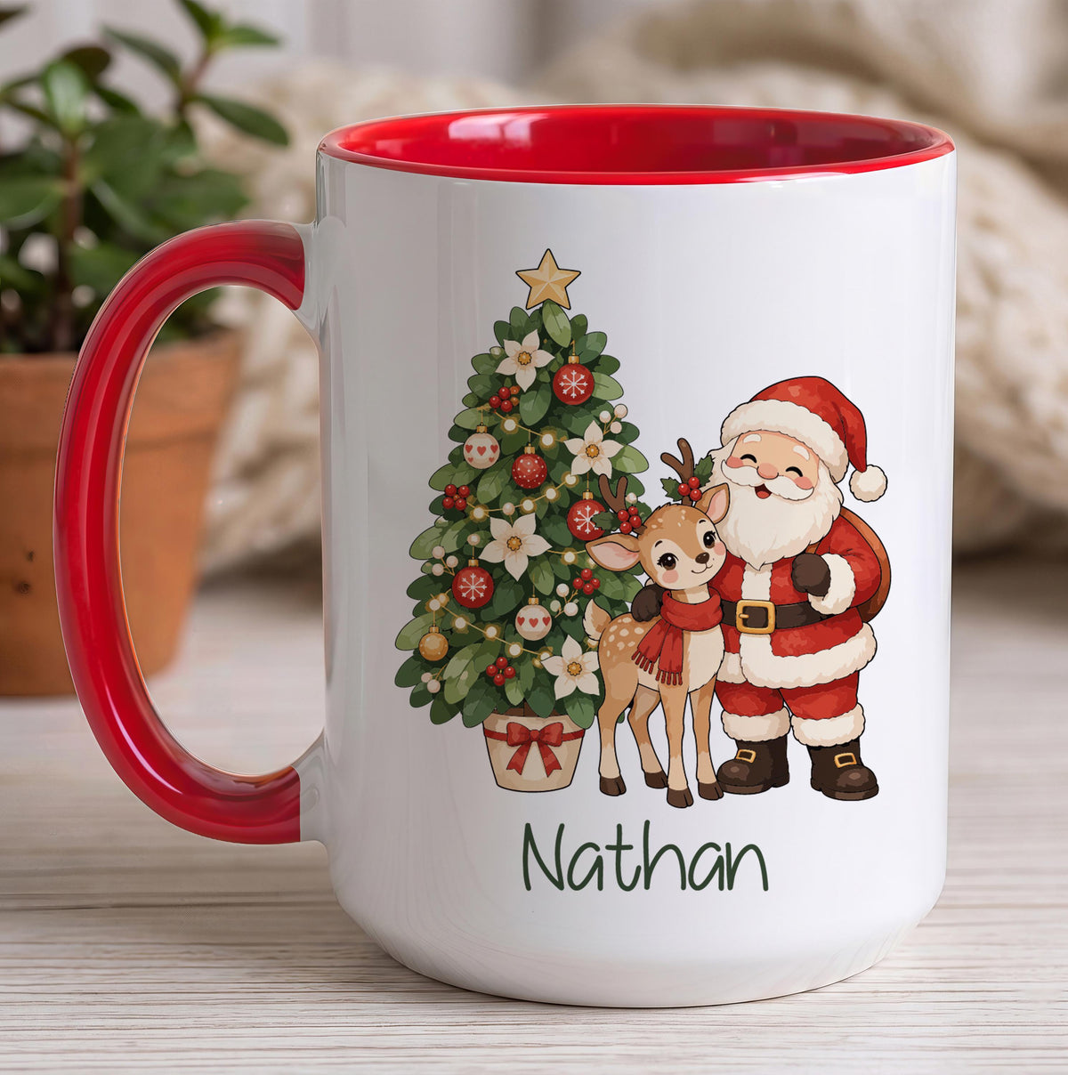 Custom Name Christmas Mug & Ornament Set, Reindeer and Tree Design