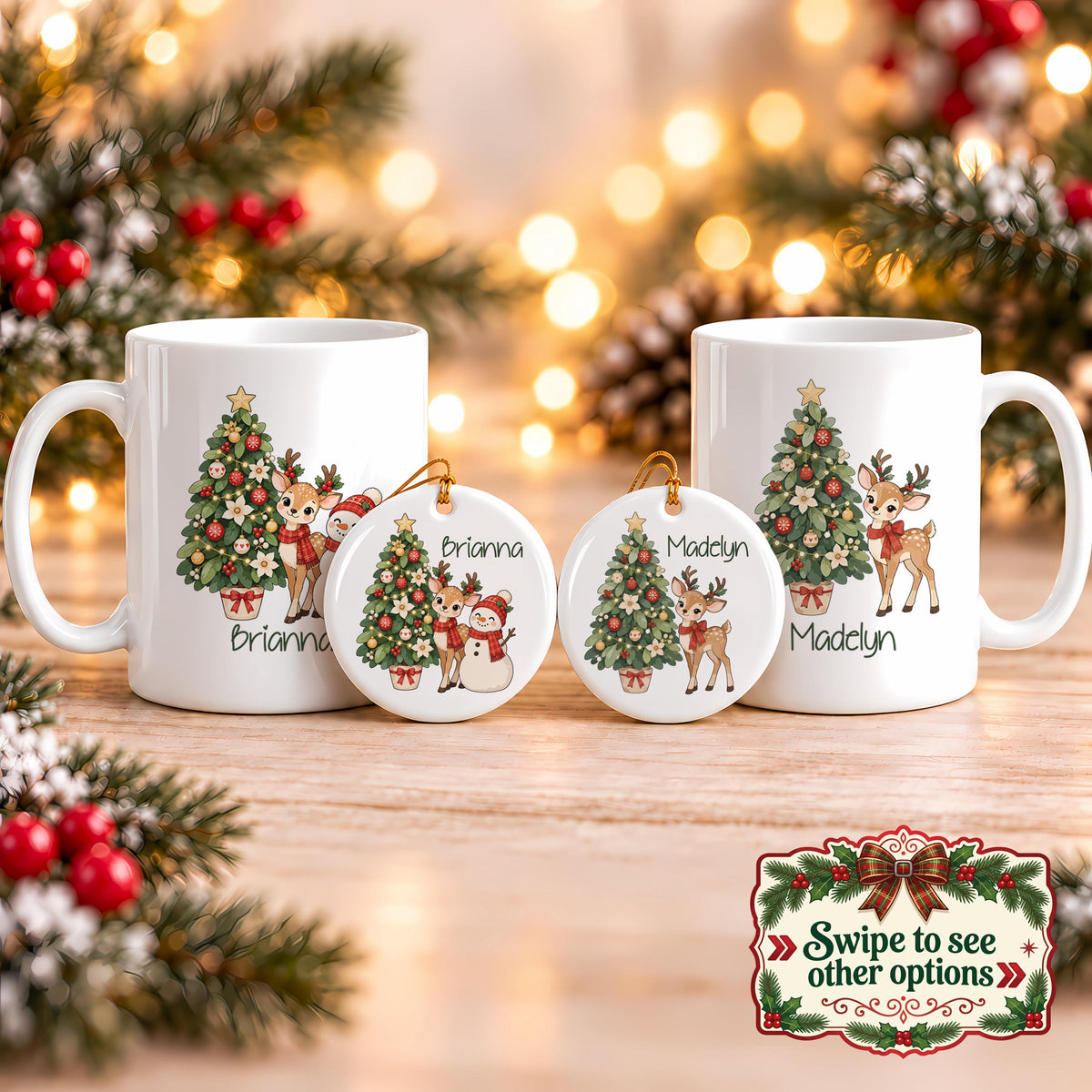 Custom Name Christmas Mug & Ornament Set, Reindeer and Tree Design