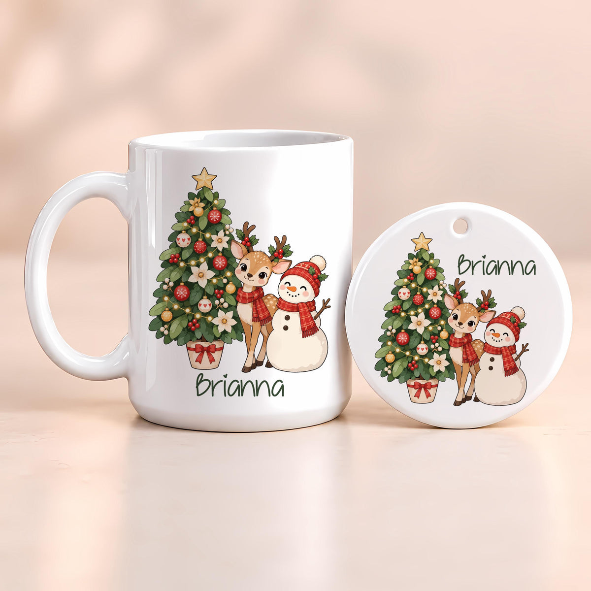 Custom Name Christmas Mug & Ornament Set, Reindeer and Tree Design