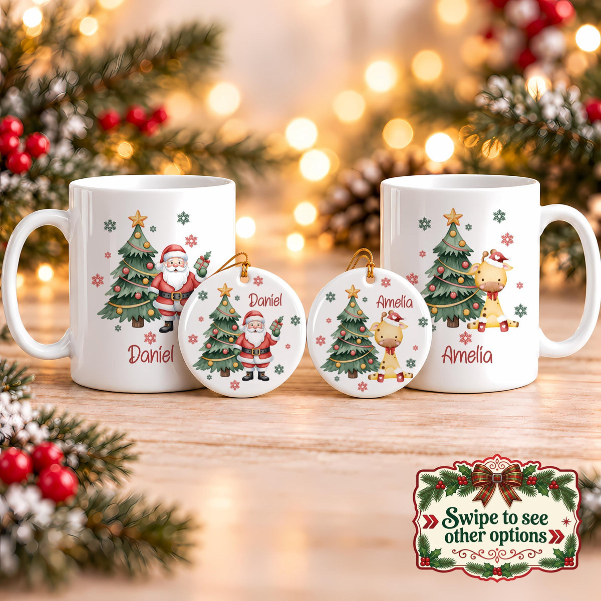Personalized Christmas Mug & Ornament Set, Custom Name Santa or Cute Animal Design