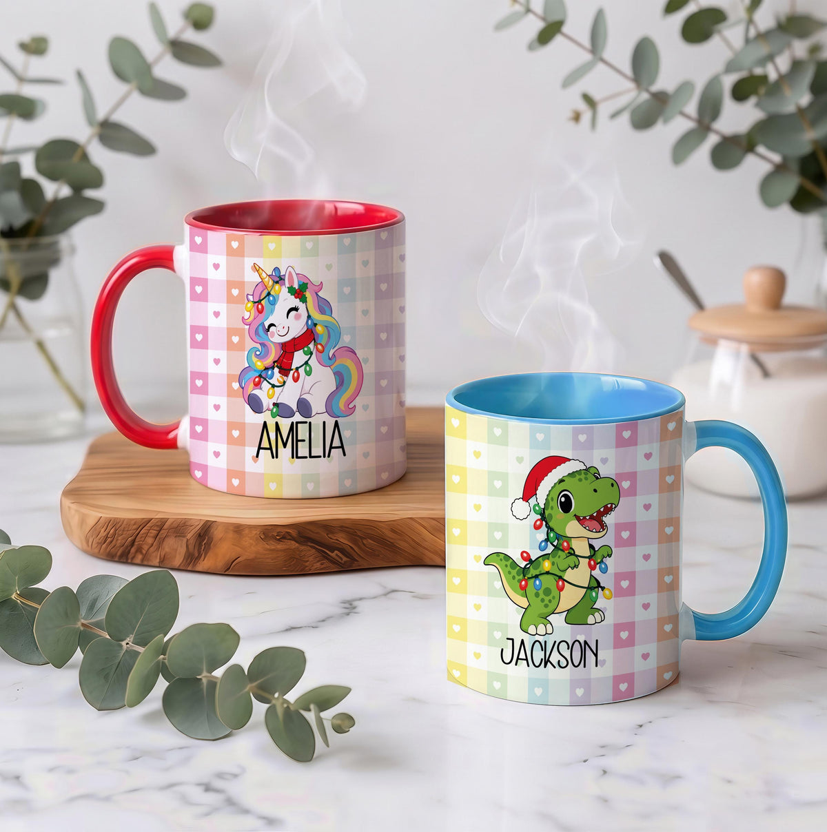Custom Name Santa Hat Animals Mug & Ornament Set, Personalized Christmas Ceramic Mug